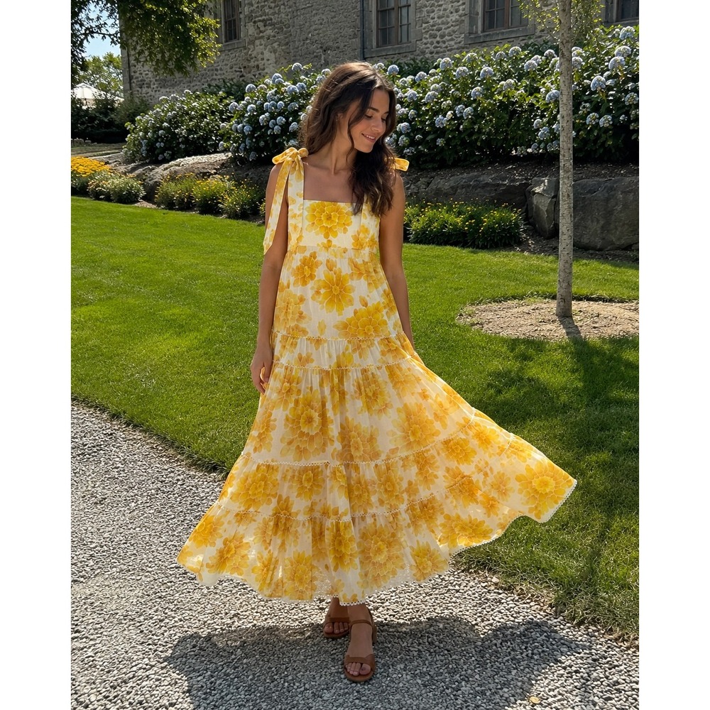 Alemais Sonny Tiered Maxi Dress Yellow Floral Linen Ramie Tie Shoulder Size‎ 4